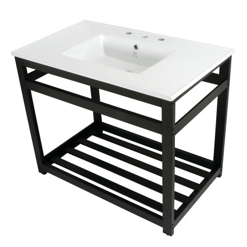 Kingston Brass Fauceture VWP3722W8A0 Quadras 37-Inch Ceramic Console Sink (8-Inch, 3-Hole), White/Matte Black