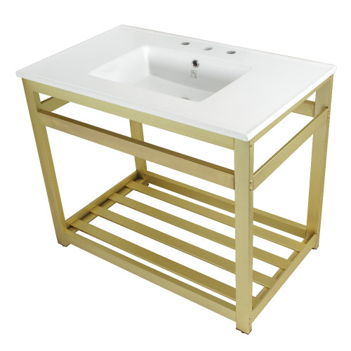 Kingston Brass Fauceture VWP3722W8A7 Quadras 37-Inch Ceramic Console Sink (8-Inch, 3-Hole), White/Brushed Brass