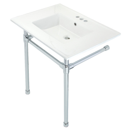 Kingston Brass KVPB31227W41 Dreyfuss 31" Console Sink with Stainless Steel Legs (4-Inch, 3 Hole), White/Polished Chrome