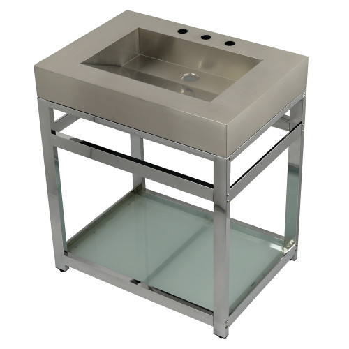 Kingston Brass KVSP3122B1 Fauceture 31" Stainless Steel Sink with Steel Console Sink Base with Glass Shelf,, Brushed/Polished Chrome