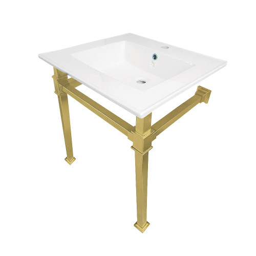Kingston Brass KVPB25221Q7 Monarch 25-Inch Ceramic Console Sink (1-Hole), White/Brushed Brass