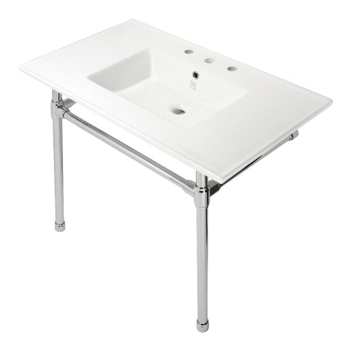 Kingston Brass KVPB37227W81 Dreyfuss 37-Inch Console Sink with Stainless Steel Legs (8-Inch, 3 Hole), White/Polished Chrome