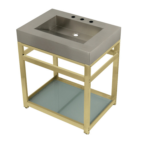 Kingston Brass KVSP3122B2 Fauceture 31" Stainless Steel Sink with Steel Console Sink Base with Glass Shelf,, Brushed/Polished Brass