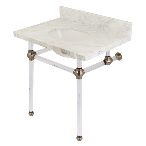 Kingston Brass KVPB3030MA8 Templeton 30" x 22" Carrara Marble Vanity Top with Clear Acrylic Console Legs, Carrara Marble/Brushed Nickel