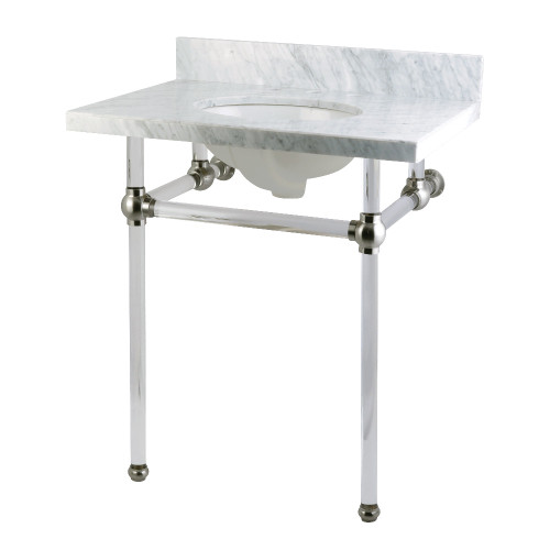 Kingston Brass KVPB30MA8 Templeton 30" x 22" Carrara Marble Vanity Top with Clear Acrylic Console Legs, Carrara Marble/Brushed Nickel