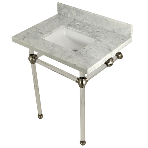 Kingston Brass KVPB30MASQ8 Templeton 30" x 22" Carrara Marble Vanity Top with Clear Acrylic Console Legs, Carrara Marble/Brushed Nickel