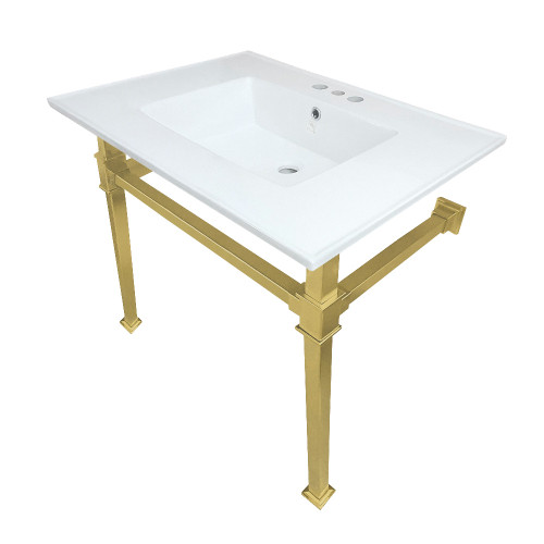 Kingston Brass KVPB31224Q7 Monarch 31-Inch Ceramic Console Sink (4" Faucet Drilling), White/Brushed Brass