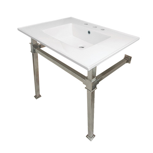 Kingston Brass KVPB31228Q6 Monarch 31-Inch Ceramic Console Sink (8" Faucet Drilling), White/Polished Nickel