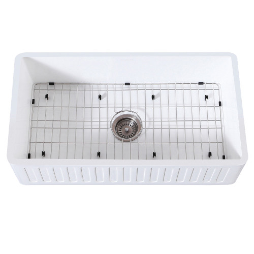 Kingston Brass Gourmetier KGKFA361810RM 36" x 18" Farmhouse Kitchen Sink with Strainer and Grid, Matte White/Brushed