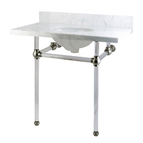 Kingston Brass KVPB36MA8 Templeton 36" x 22" Carrara Marble Vanity Top with Clear Acrylic Console Legs, Carrara Marble/Brushed Nickel
