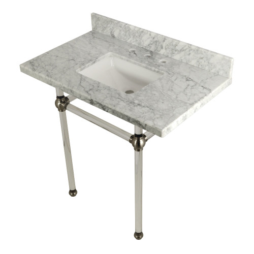 Kingston Brass KVPB36MASQ8 Templeton 36" x 22" Carrara Marble Vanity Top with Clear Acrylic Console Legs, Carrara Marble/Brushed Nickel