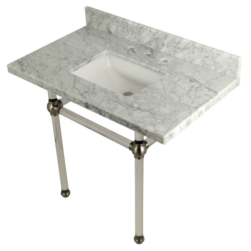 Kingston Brass KVPB3630MASQ8 Templeton 36" x 22" Carrara Marble Vanity Top with Clear Acrylic Console Legs, Carrara Marble/Brushed Nickel