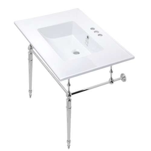 Kingston Brass KVPB31227W4CP Edwardian 31" Console Sink with Brass Legs (4-Inch, 3 Hole), White/Polished Chrome