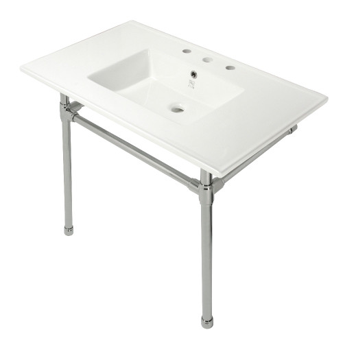 Kingston Brass KVPB37227W86 Dreyfuss 37-Inch Console Sink with Stainless Steel Legs (8-Inch, 3 Hole), White/Polished Nickel