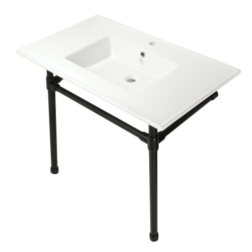Kingston Brass KVPB3722710 Dreyfuss 37-Inch Console Sink with Stainless Steel Legs (Single Faucet Hole), White/Matte Black
