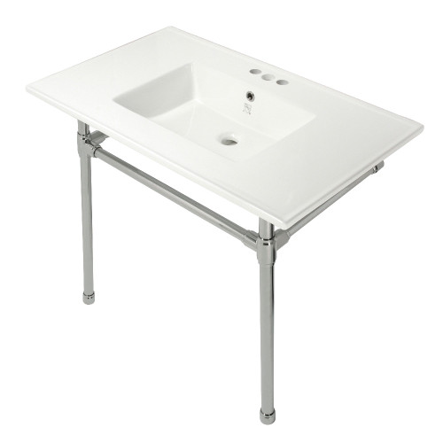 Kingston Brass KVPB37227W46 Dreyfuss 37-Inch Console Sink with Stainless Steel Legs (4-Inch, 3 Hole), White/Polished Nickel