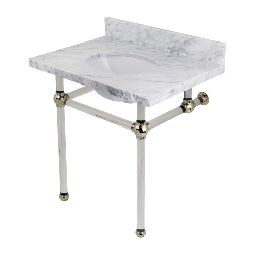 Kingston Brass KVPB3030MA6 Templeton 30" x 22" Carrara Marble Vanity Top with Clear Acrylic Console Legs, Carrara Marble/Polished Nickel