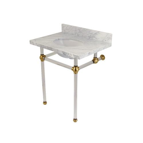 Kingston Brass KVPB30MA7 Templeton 30" x 22" Carrara Marble Vanity Top with Clear Acrylic Console Legs, Carrara Marble/Brushed Brass