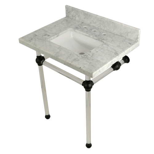 Kingston Brass KVPB30MASQ0 Templeton 30" x 22" Carrara Marble Vanity Top with Clear Acrylic Console Legs, Carrara Marble/Matte Black