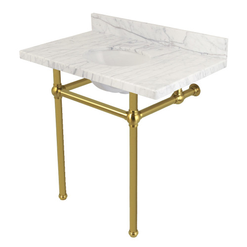Kingston Brass KVPB36MB7 Templeton 36" x 22" Carrara Marble Vanity Top with Brass Console Legs, Carrara Marble/Brushed Brass