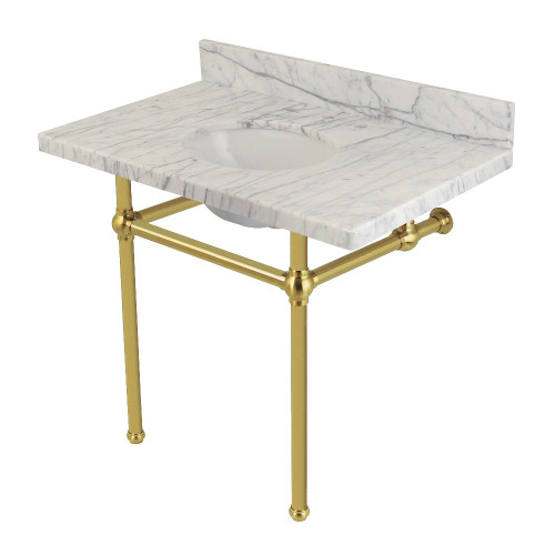 Kingston Brass KVPB3630MB7 Templeton 36" x 22" Carrara Marble Vanity Top with Brass Console Legs, Carrara Marble/Brushed Brass