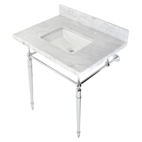 Kingston Brass KVPB3022M8SQ1 Edwardian 30" Console Sink with Brass Legs (8-Inch, 3 Hole), Marble White/Polished Chrome