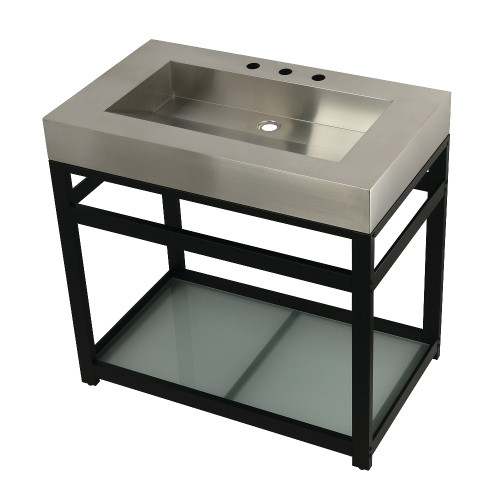 Kingston Brass KVSP3722B0 Fauceture 37" Stainless Steel Sink with Steel Console Sink Base and Glass Shelf Brushed/Matte Black