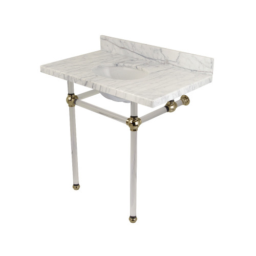 Kingston Brass KVPB36MA6 Templeton 36" x 22" Carrara Marble Vanity Top with Clear Acrylic Console Legs, Carrara Marble/Polished Nickel