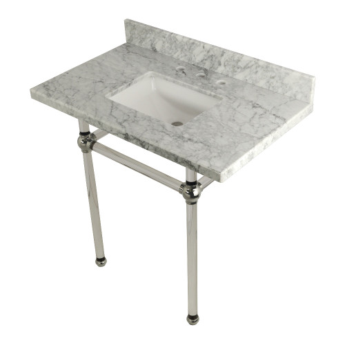 Kingston Brass KVPB36MASQ6 Templeton 36" x 22" Carrara Marble Vanity Top with Clear Acrylic Console Legs, Carrara Marble/Polished Nickel