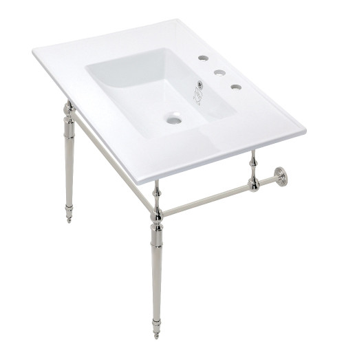 Kingston Brass KVPB31227W8PN Edwardian 31" Console Sink with Brass Legs (8-Inch, 3 Hole), White/Polished Nickel