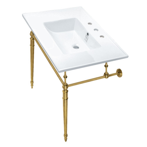 Kingston Brass KVPB31227W8BB Edwardian 31" Console Sink with Brass Legs (8-Inch, 3 Hole), White/Brushed Brass