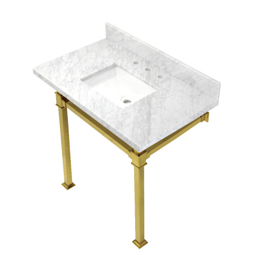 Kingston Brass KVPB36MSQ7 Monarch 36-Inch Carrara Marble Console Sink, Marble White/Brushed Brass