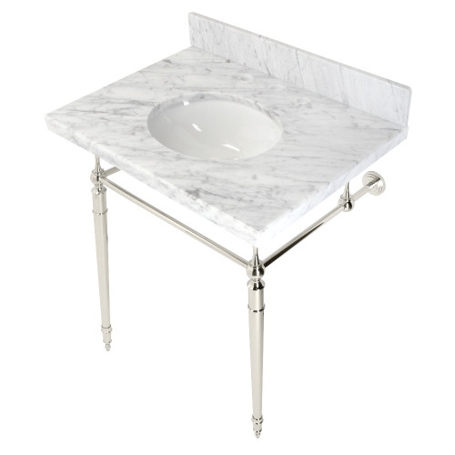 Kingston Brass KVPB3022M86 Edwardian 30" Console Sink with Brass Legs (8-Inch, 3 Hole), Marble White/Polished Nickel