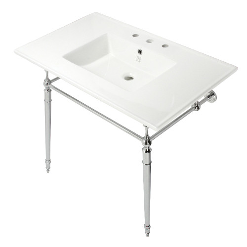 Kingston Brass KVPB37227W8CP Edwardian 37-Inch Console Sink with Brass Legs (8-Inch, 3 Hole), White/Polished Chrome