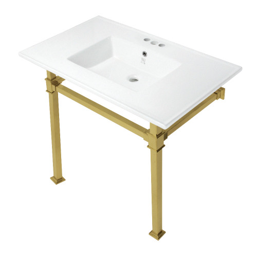 Kingston Brass KVPB37224Q7 Monarch 37-Inch Console Sink with Stainless Steel Legs (4-Inch, 3 Hole), White/Brushed Brass