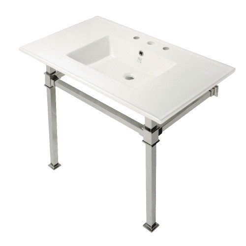 Kingston Brass KVPB37228Q6 Monarch 37-Inch Console Sink with Stainless Steel Legs (8-Inch, 3 Hole), White/Polished Nickel