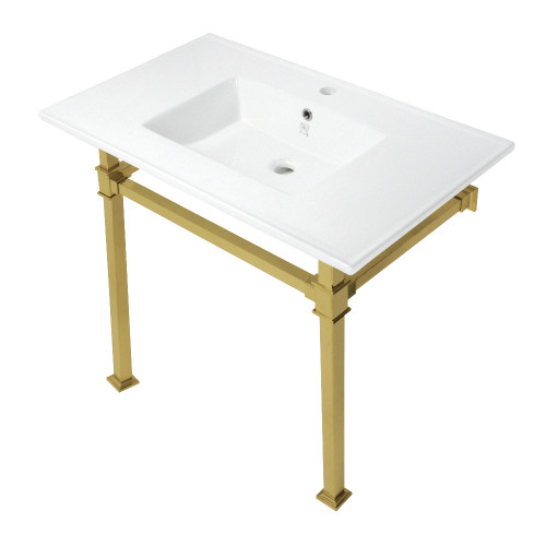 Kingston Brass KVPB37221Q7 Monarch 37-Inch Console Sink with Stainless Steel Legs (Single Faucet Hole), White/Brushed Brass