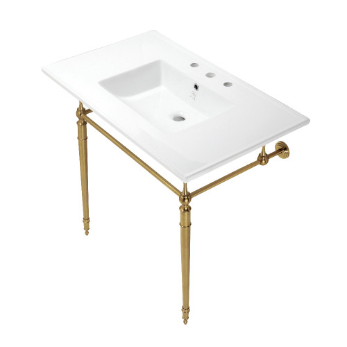 Kingston Brass KVPB37227W8BB Edwardian 37-Inch Console Sink with Brass Legs (8-Inch, 3 Hole), White/Brushed Brass