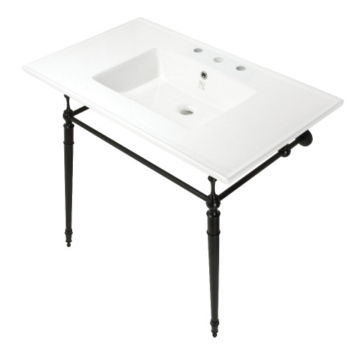 Kingston Brass KVPB37227W8MB Edwardian 37-Inch Console Sink with Brass Legs (8-Inch, 3 Hole), White/Matte Black
