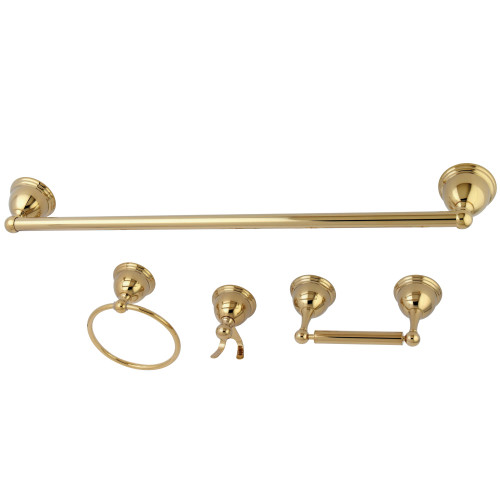 Kingston Brass BAK3961478PB Restoration 4-Piece Bathroom Hardware, Polished Brass - 24" Towel Bar, Towel Ring, Robe Hook, Toilet Paper Holder