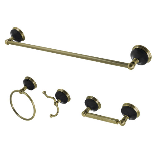 Kingston Brass BAK9112478AB Water Onyx 4-Piece Bathroom Accessory Set, Antique Brass - 18" Towel Bar, Towel Ring, Robe Hook, Toilet Paper Holder