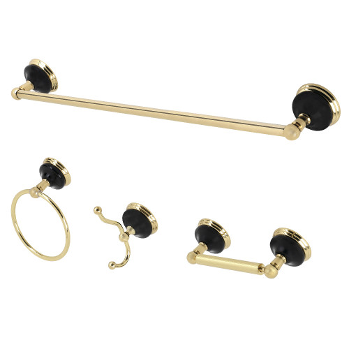 Kingston Brass BAK9111478PB Water Onyx 4-Piece Bathroom Accessory Set, Polished Brass - 24" Towel Bar, Towel Ring, Robe Hook, Toilet Paper Holder