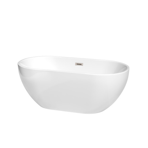 Wyndham WCOBT200060BNTRIM Brooklyn 60 Inch Freestanding Bathtub in White with Brushed Nickel Drain and Overflow Trim