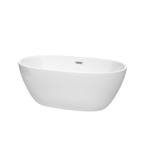 Wyndham WCBTK156159BNTRIM Juno 59 Inch Freestanding Bathtub in White with Brushed Nickel Drain and Overflow Trim