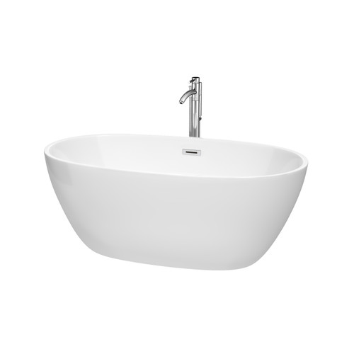 Wyndham WCBTK156159ATP11PC Juno 59 Inch Freestanding Bathtub in White with Floor Mounted Faucet, Drain and Overflow Trim in Polished Chrome