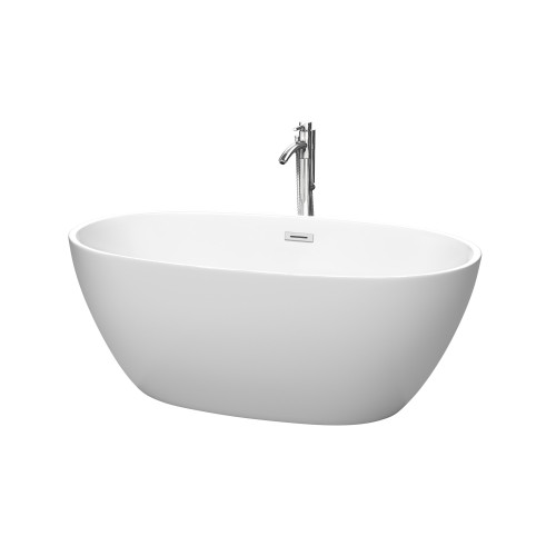 Wyndham WCBTE306159MWATP11PC Juno 59 Inch Freestanding Bathtub in Matte White with Floor Mounted Faucet, Drain and Overflow Trim in Polished Chrome