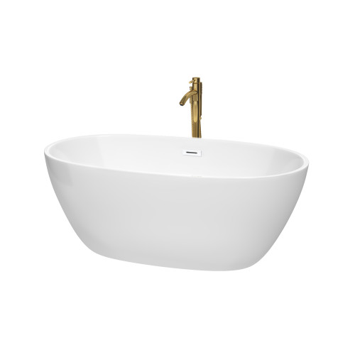 Wyndham WCBTK156159SWATPGD Juno 59 Inch Freestanding Bathtub in White with Shiny White Trim and Floor Mounted Faucet in Brushed Gold