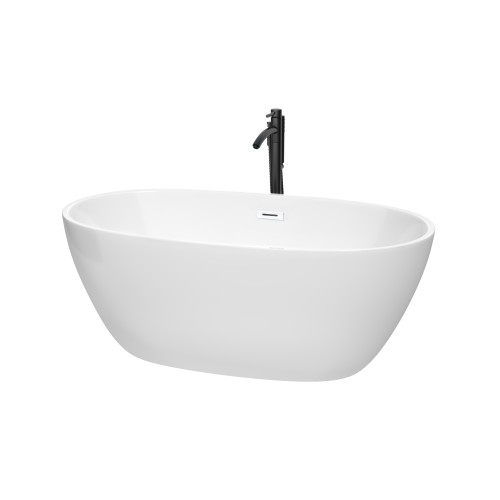 Wyndham WCBTK156159SWATPBK Juno 59 Inch Freestanding Bathtub in White with Shiny White Trim and Floor Mounted Faucet in Matte Black