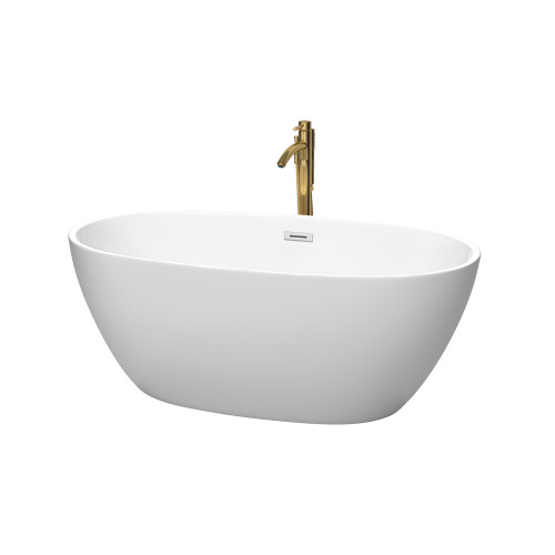 Wyndham WCBTE306159MWPCATPGD Juno 59 Inch Freestanding Bathtub in Matte White with Polished Chrome Trim and Floor Mounted Faucet in Brushed Gold
