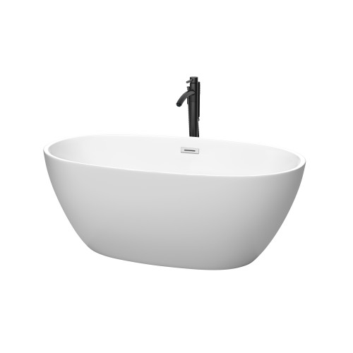 Wyndham WCBTE306159MWPCATPBK Juno 59 Inch Freestanding Bathtub in Matte White with Polished Chrome Trim and Floor Mounted Faucet in Matte Black